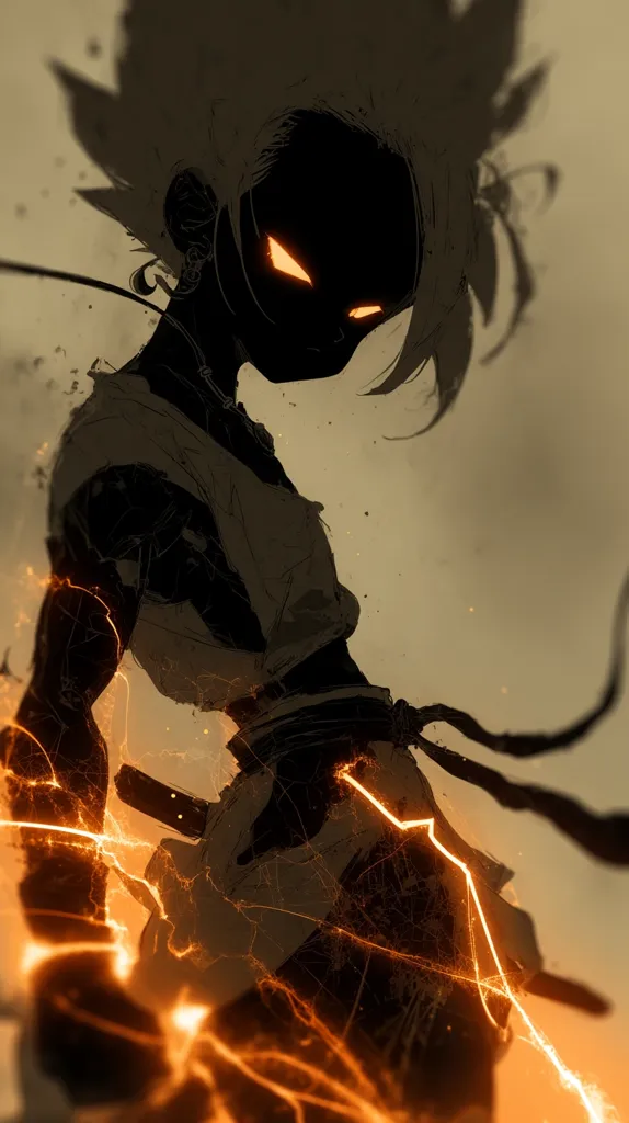 A stylized illustration depicts a silhouetted anime-style figure, possibly a young warrior, radiating fiery orange energy.  The character's glowing eyes are intensely focused, and their spiky hair suggests power.  The dark silhouette contrasts sharply with the bright, crackling energy emanating from their body, creating a dramatic and dynamic image. The style is painterly and textured, with visible brushstrokes.