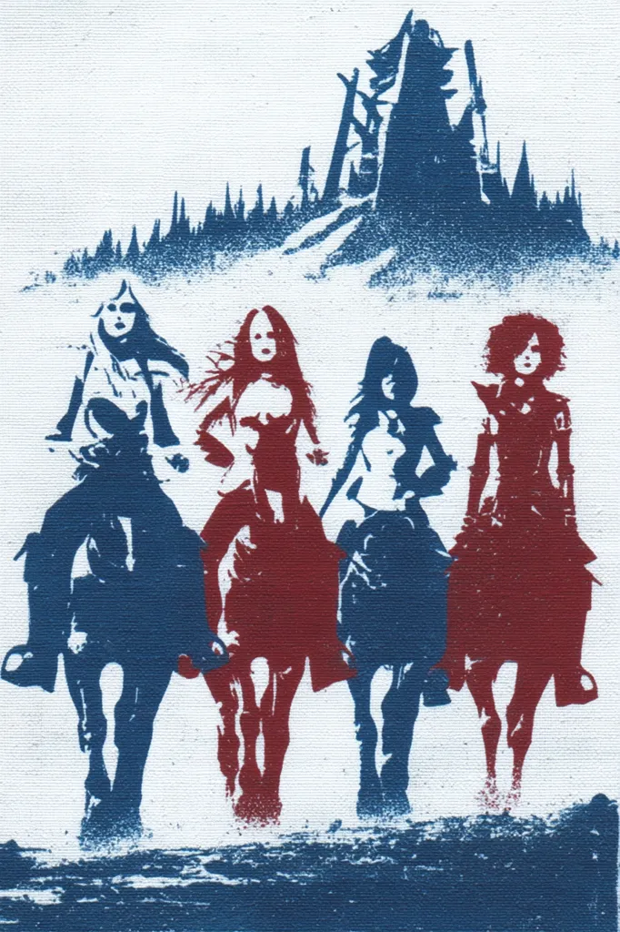Four women, depicted in a bold, two-toned blue and red print style, ride horses across a snowy landscape towards a distant, imposing structure resembling a castle or tower.  The women are silhouetted, their features simplified but expressive.  The overall aesthetic is stark and graphic, hinting at a fantasy or mythical setting. The background features a dark forest line.