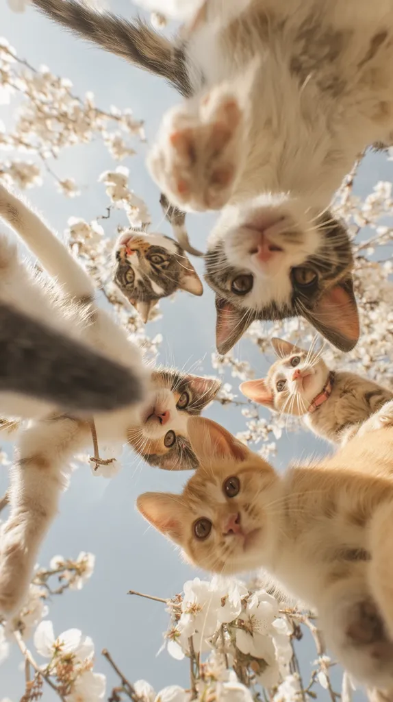 Five adorable kittens are captured in a whimsical, upside-down perspective amidst a blossoming cherry tree.  Their playful expressions and soft fur contrast beautifully with the delicate white and pink flowers.  The image evokes a sense of springtime joy and feline charm.  The unique angle adds to the overall lighthearted and enchanting atmosphere.