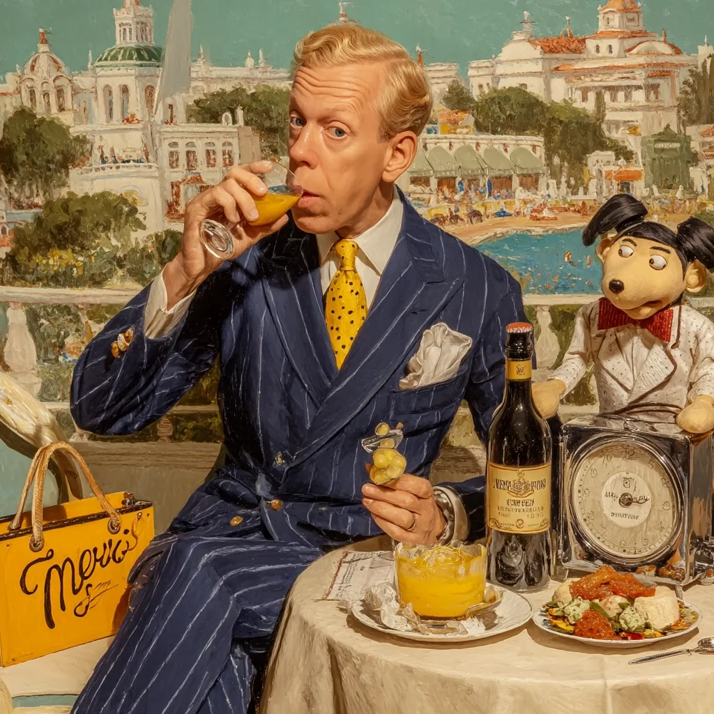 A stylish man in a pinstripe suit sits at a table outdoors, enjoying a drink and appetizers.  He holds a glass of orange juice and a small dish of what appears to be olives. A puppet dog sits beside him. The background depicts a picturesque seaside town.  The overall style evokes a vintage, possibly 1930s, aesthetic.  A yellow handbag with lettering sits on the table.  A bottle of vermouth and a scale are also visible.