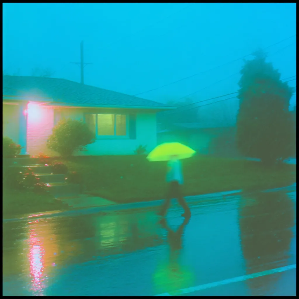 A person with a bright yellow umbrella walks down a rain-slicked street at dusk.  A single-story house glows with warm interior light, set against a hazy, teal sky. The scene is dreamlike and saturated with vibrant, unrealistic colors, suggesting a nostalgic or surreal atmosphere.  The reflection of the house and the streetlights shimmer in the wet pavement.