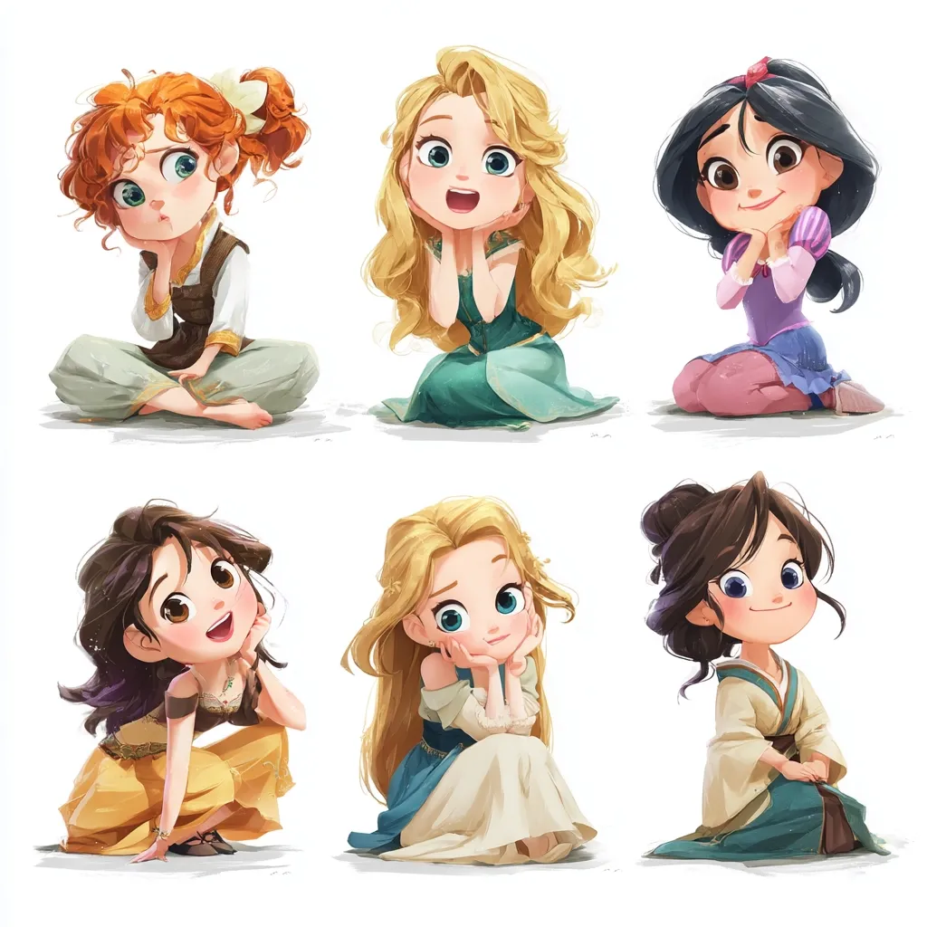 Six adorable chibi-style Disney princesses are depicted in a charming illustration.  Merida, Rapunzel, Jasmine, Isabela, Rapunzel (a different pose), and Mulan are shown in various poses, each showcasing their unique personalities and attire.  Their large eyes and small bodies contribute to their endearing appearance.  The artwork is bright, colorful, and beautifully rendered.