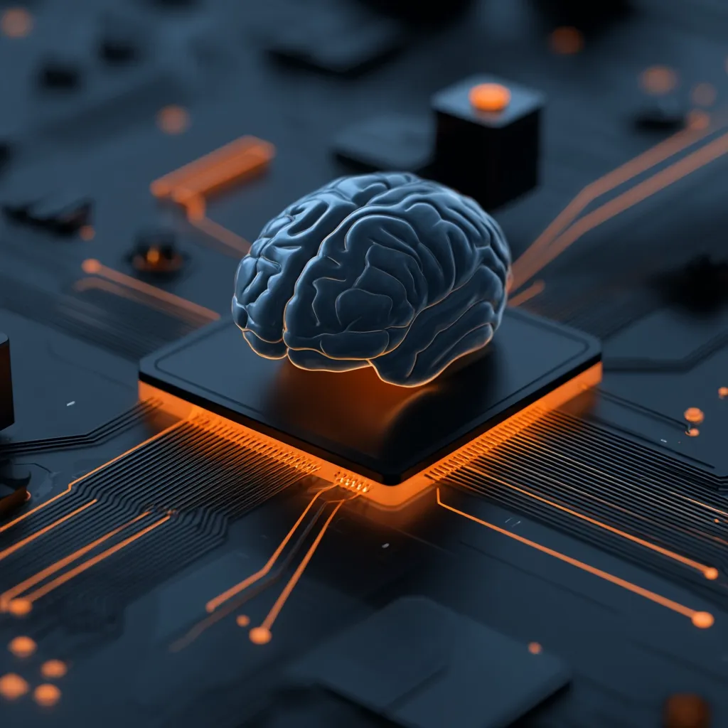 A 3D rendering depicts a human brain resting atop a glowing orange computer processor, integrated into a complex circuit board.  The dark, sleek design emphasizes the technological integration of artificial intelligence, suggesting the merging of biological and digital intelligence.  The image symbolizes the concept of artificial intelligence or brain-computer interfaces.