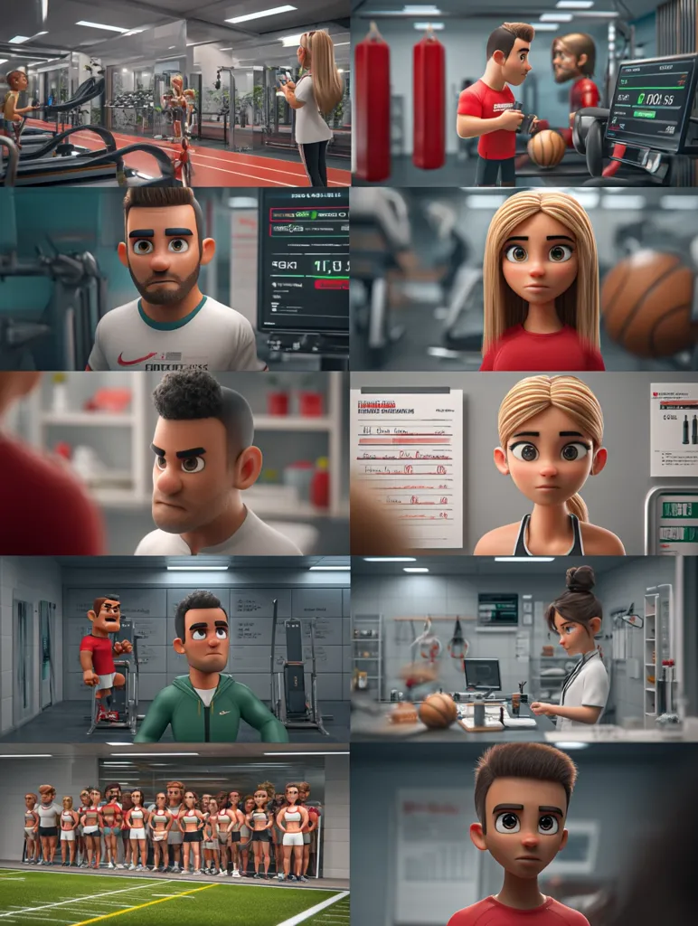 A series of animated scenes depict stylized characters in a gym setting.  The animation style is 3D, with realistic features but cartoonish proportions.  Scenes show athletes, coaches, and medical staff interacting.  There are shots of training sessions, performance monitoring, and consultations, suggesting a story about sports training and health.  A diverse group of athletes are also shown lined up, possibly a team.