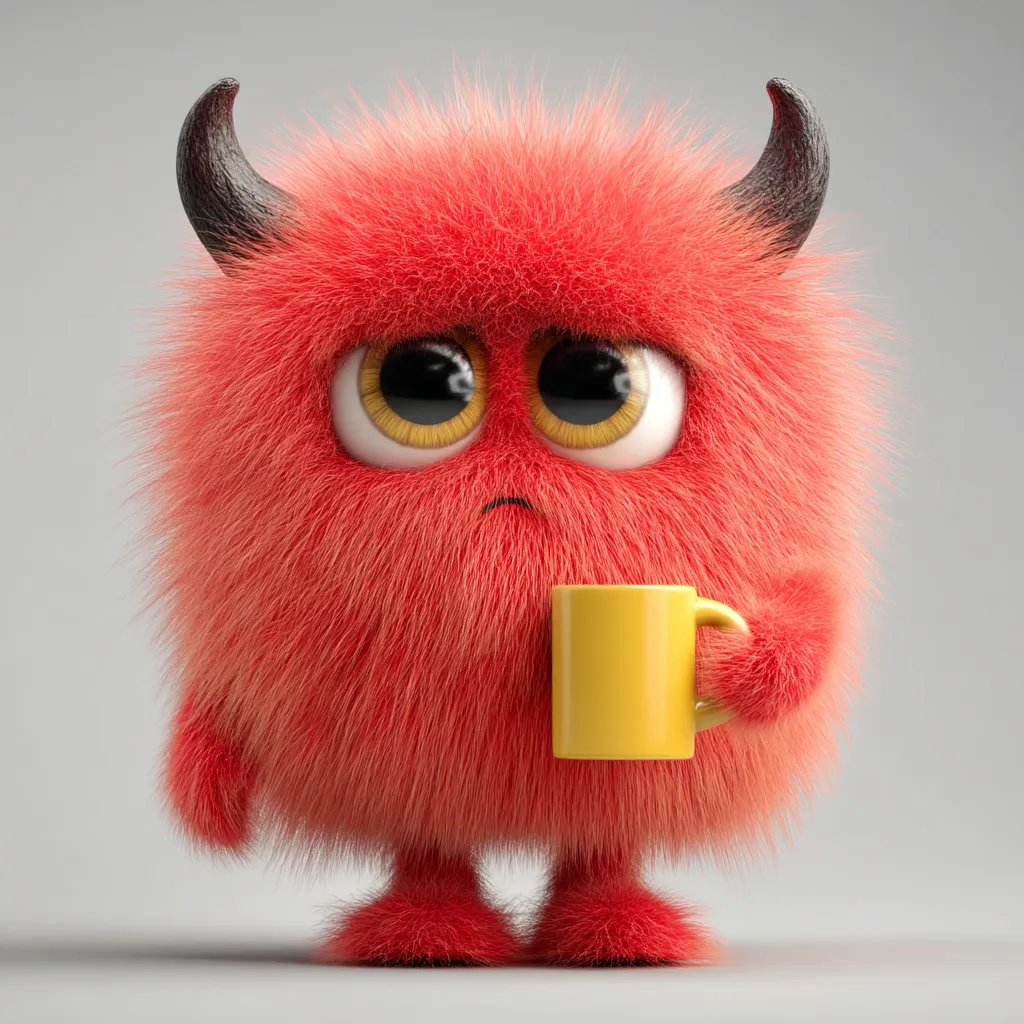 A cute, furry, red monster with small horns holds a yellow mug.  Its large, expressive eyes convey a slightly sad or grumpy expression.  The fluffy texture is prominent, and the monster has small, stubby legs.  The overall image is charming and evokes a feeling of gentle sadness.