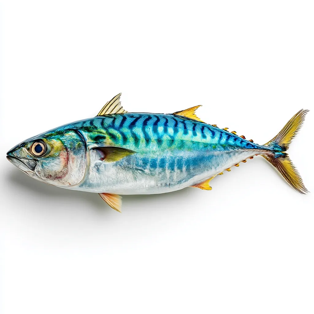 A vibrant, whole mackerel fish is presented against a stark white backdrop. Its scales shimmer with a spectrum of blues and greens, interspersed with yellow highlights on the fins and tail. The fish is positioned horizontally, offering a clear view of its detailed markings and form.  The image emphasizes the fish's freshness and visual appeal.