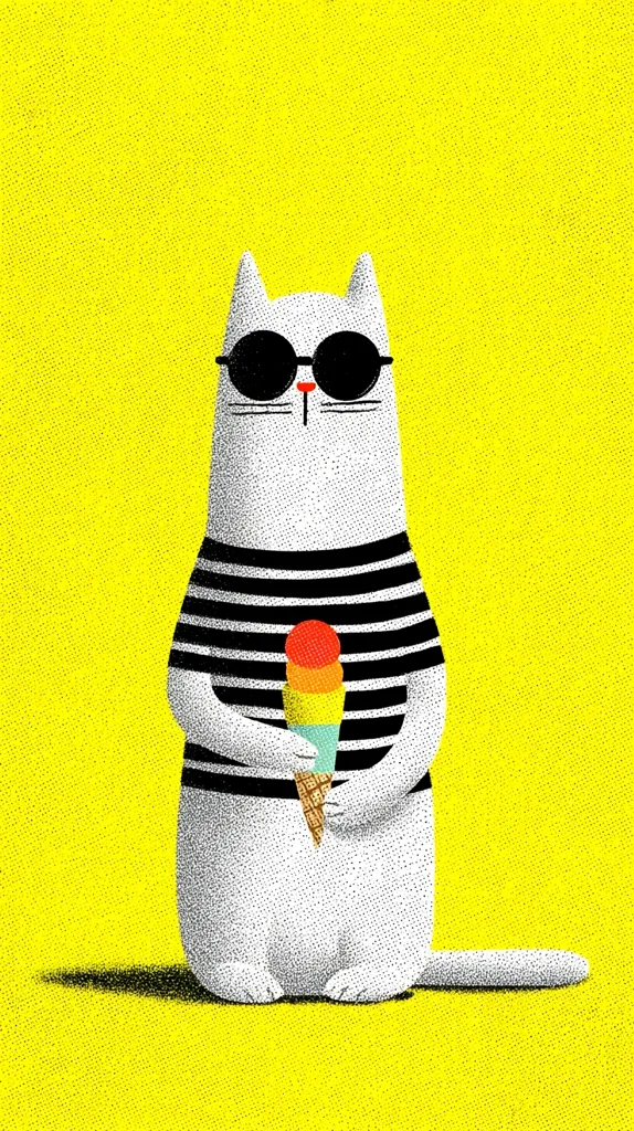 A cool cat, sporting black sunglasses and a black-and-white striped shirt, enjoys a three-scoop ice cream cone.  The cat is white with a textured appearance, set against a bright yellow background with a subtle dotted pattern.  The image is stylized and playful.