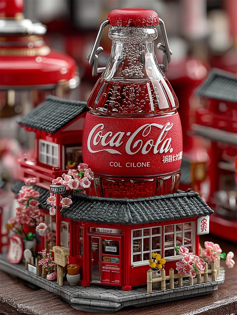 A miniature red Japanese-style building sits beneath a Coca-Cola bottle. The bottle is clear glass with a red label and a swing-top closure.  The building is highly detailed, adorned with cherry blossoms and features a small shop front. The scene is meticulously crafted, showcasing a charming blend of East Asian architecture and a classic Western beverage brand.