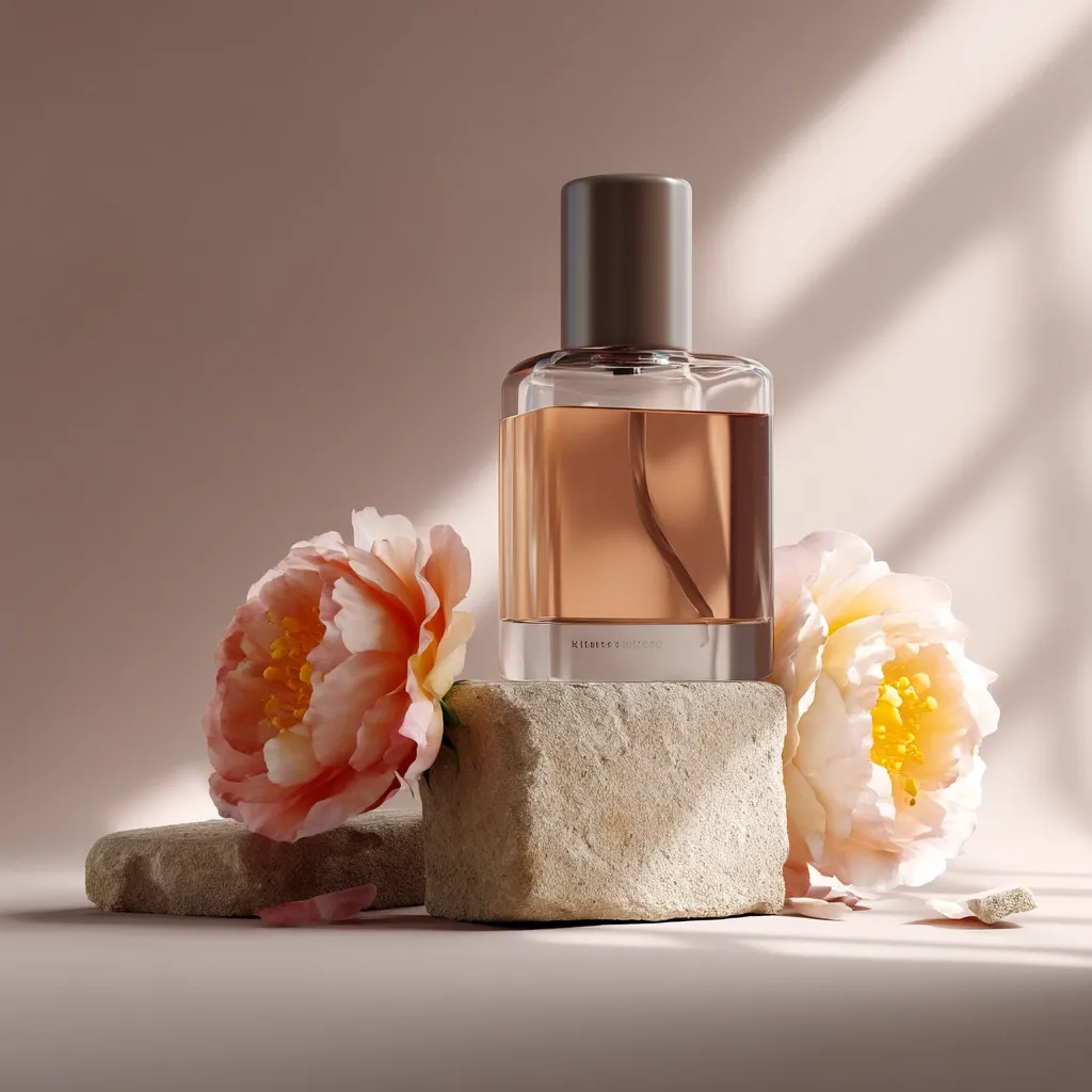 A bottle of amber-colored perfume sits on a small, light-beige stone.  Two delicate peach-colored peonies flank the bottle, their petals soft and slightly unfurled.  The scene is bathed in soft, natural light, creating a serene and elegant aesthetic.  The overall mood is one of calm luxury and understated beauty.