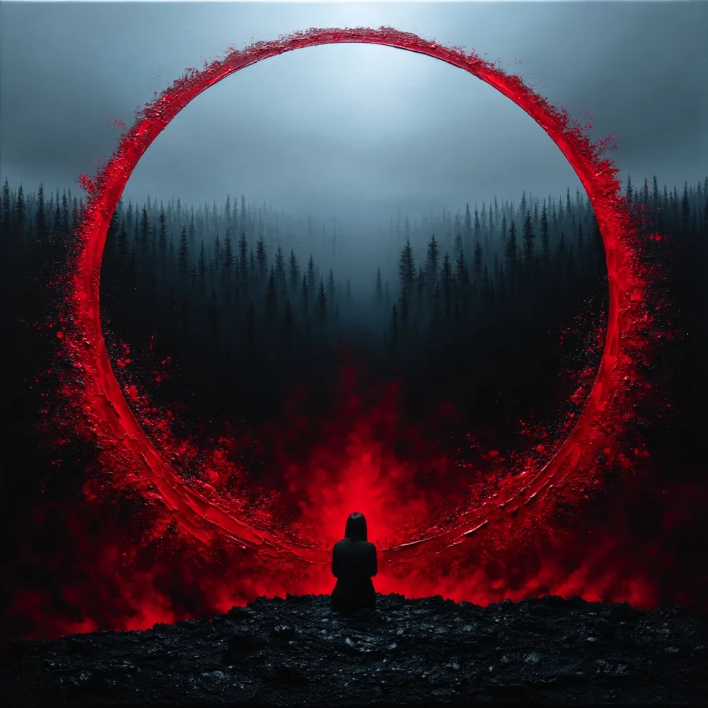 A solitary figure sits before a large, fiery red ring that frames a misty forest.  The ring appears almost ethereal, with fiery red paint strokes creating a dramatic effect.  The contrast between the dark forest, the vibrant red, and the silhouetted figure evokes a sense of mystery and perhaps even foreboding. The scene is painted with a blend of realism and surrealism, creating a captivating and slightly unsettling image.