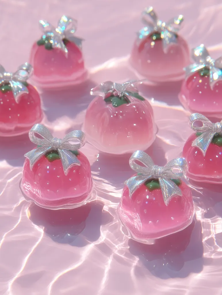 Several strawberry-shaped objects, adorned with silver bows, float in a pink liquid.  The objects appear translucent and glossy, creating a dreamy, aesthetically pleasing image.  The pink liquid ripples gently around them, reflecting light. The overall effect is one of sweetness and delicate beauty.
