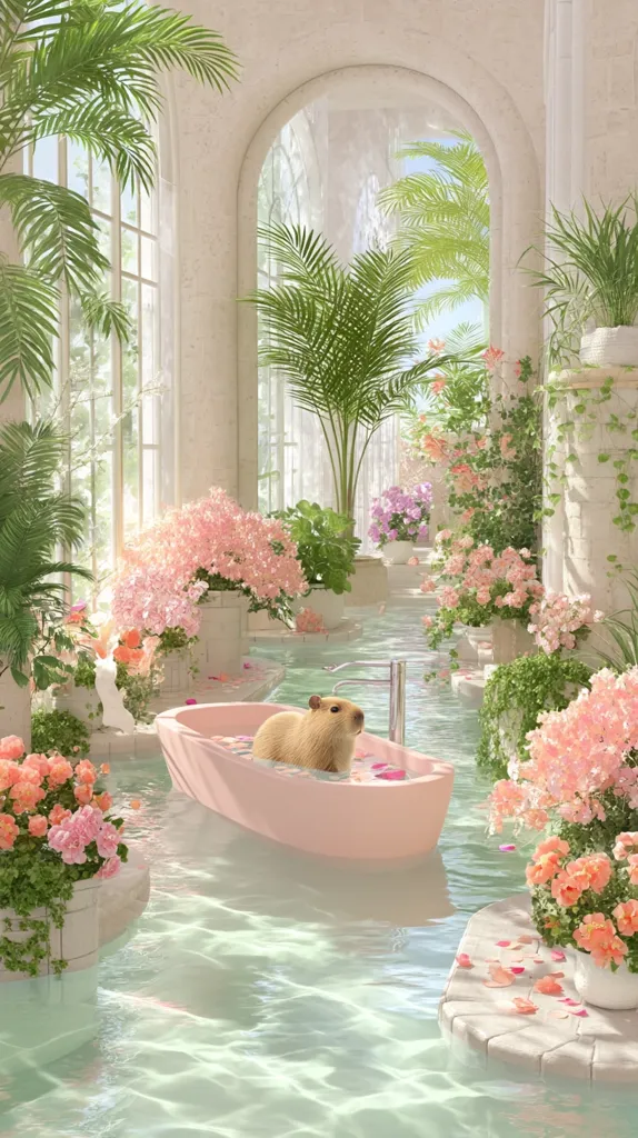 A capybara relaxes in a pastel pink bathtub floating on a tranquil, indoor waterway.  Lush greenery and vibrant pink flowers adorn the scene, creating a serene and whimsical atmosphere within a light, airy, archway-filled structure.  Sunlight streams through large windows, illuminating the idyllic setting.