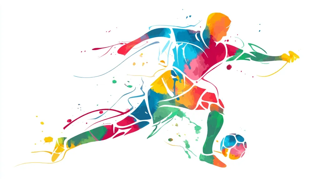 A vibrant, abstract watercolor-style illustration depicts a soccer player in dynamic motion.  The player is rendered in a colorful splash of paint, emphasizing speed and energy.  The figure is in mid-stride, leg extended, seemingly kicking a similarly painted soccer ball. The overall design is energetic and expressive, capturing the excitement of the sport.