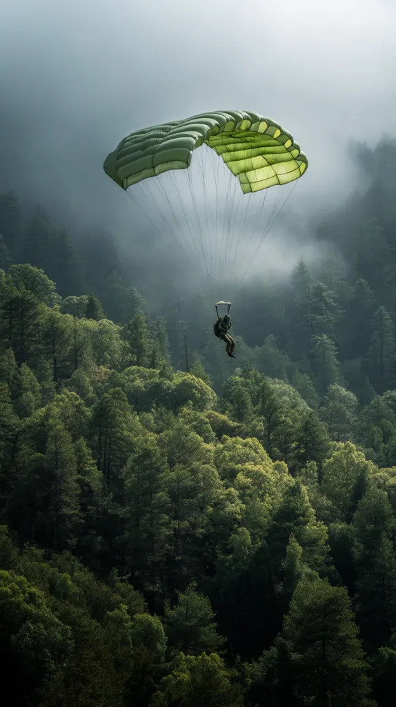 A parachutist descends under a green parachute against a backdrop of a lush, misty forest. The canopy of trees creates a vibrant green expanse, contrasting with the muted tones of the fog and the sky. The image evokes a sense of serenity and adventure, capturing a moment of solitary descent in a natural environment.