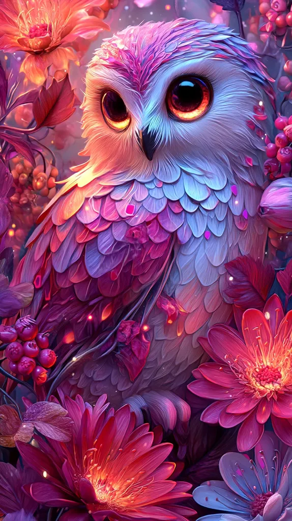 A vibrant digital painting showcases a majestic owl nestled amidst a profusion of luminous flowers.  The owl's plumage displays a breathtaking array of purples, pinks, and blues, mirroring the rich hues of the surrounding blossoms.  The artwork's style is fantastical, with glowing centers in the flowers and a soft, ethereal light enhancing the owl's large, expressive eyes.  The overall effect is one of magical beauty and serene tranquility.