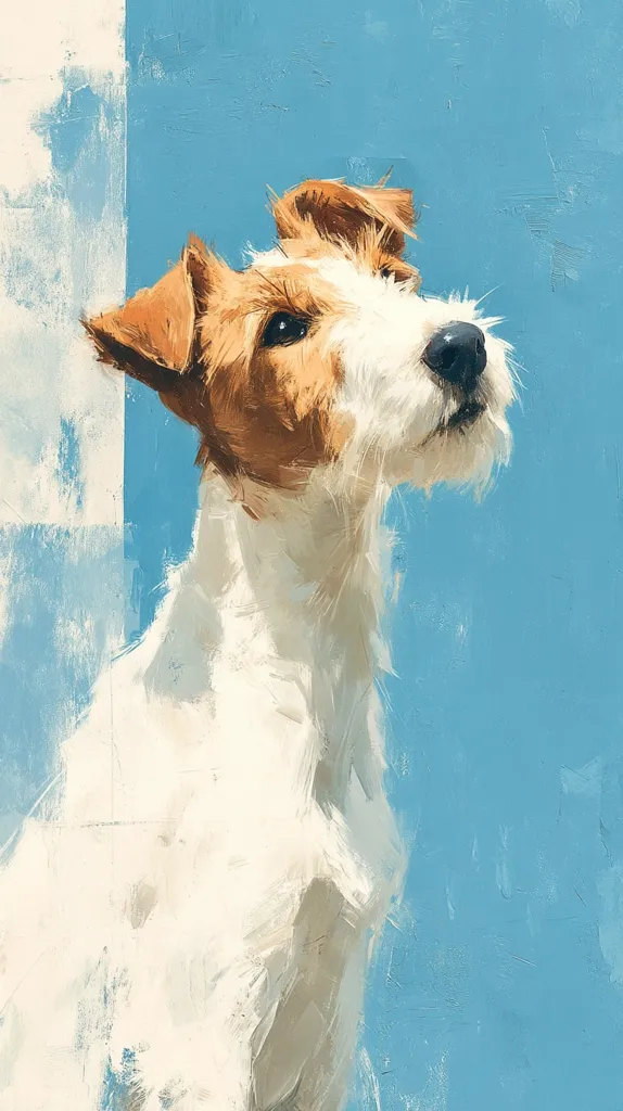 A charming painting showcases a wire fox terrier, its head tilted upward, against a serene light blue backdrop.  The dog's coat is depicted with a mix of white and tan, rendered in expressive brushstrokes. The artist's style is loose and impressionistic, emphasizing texture and color over precise detail. The overall mood is peaceful and evocative.