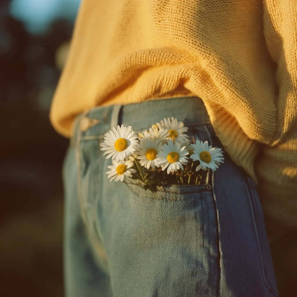 A close-up captures a person wearing a mustard yellow sweater and light blue jeans.  A small bouquet of daisies is tucked into the back pocket of their jeans. The warm lighting suggests an outdoor setting, creating a soft and idyllic scene. The image evokes feelings of warmth, simplicity, and springtime.