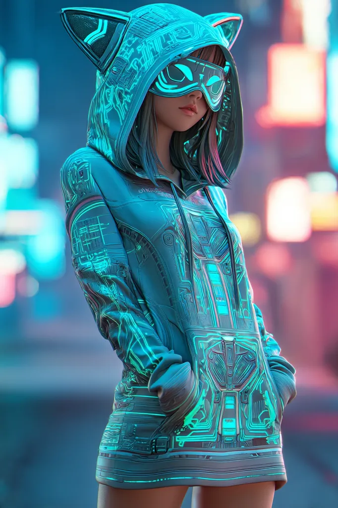 A cyberpunk-styled female figure is depicted wearing a teal hoodie with glowing circuit patterns. The hoodie features cat ears and incorporates a futuristic design. She wears a visor-like mask, enhancing her technological aesthetic. The backdrop showcases a blurred cityscape with neon lights, typical of a cyberpunk setting. The overall style blends anime and cyberpunk elements.