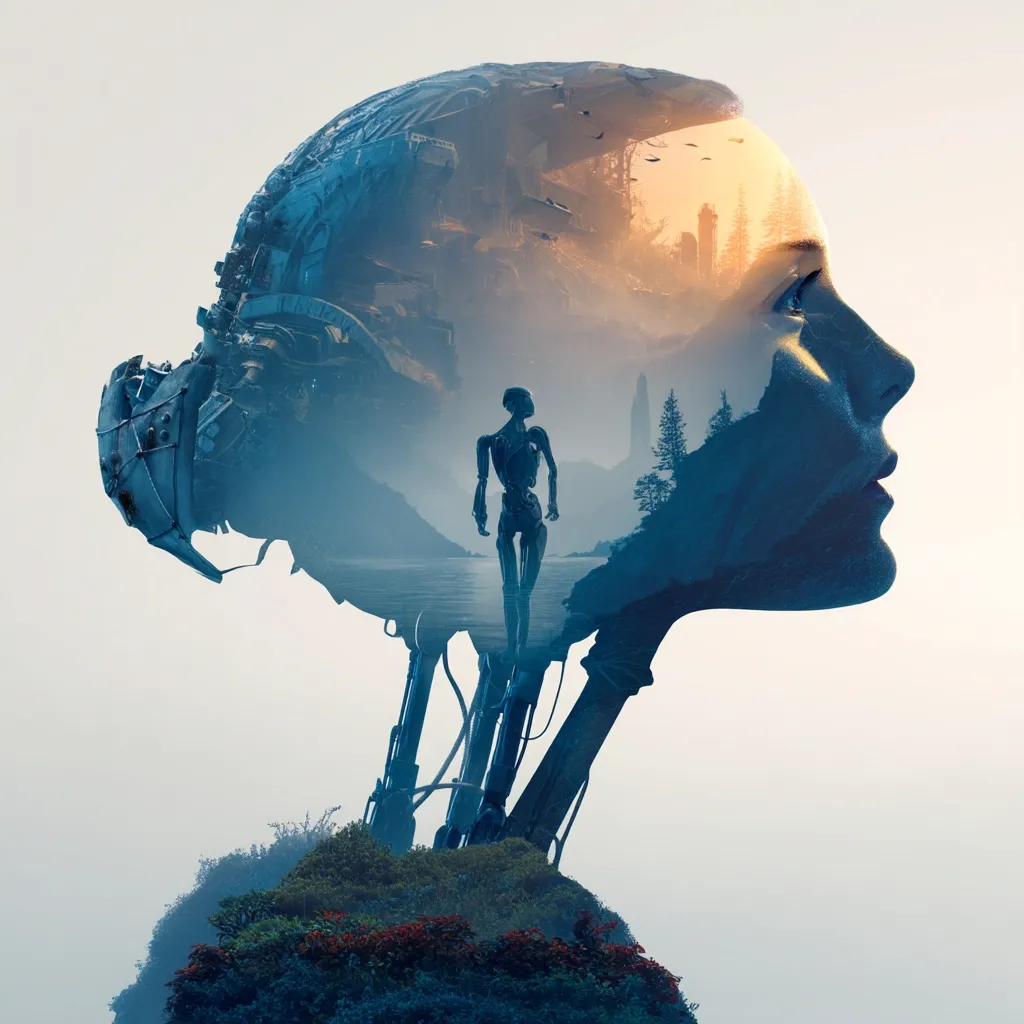 A striking double exposure image depicts a woman's profile superimposed onto a futuristic, robotic landscape.  Inside her head, a desolate yet serene scene unfolds: a lone android walks towards a distant, sun-drenched city amidst a forest. The woman's form is partially robotic, blending seamlessly with the machine-like elements.  The overall effect is one of profound contemplation on the intersection of technology, nature, and humanity.
