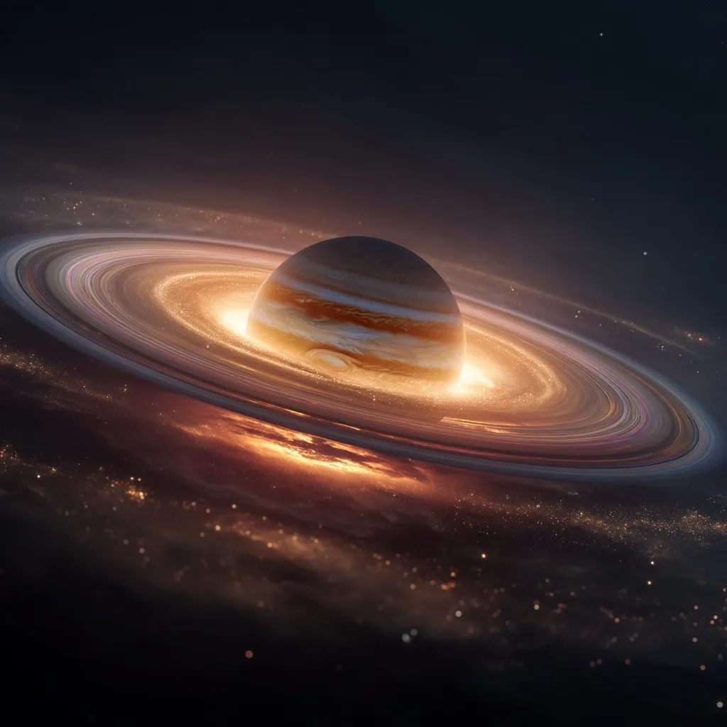 A gas giant, reminiscent of Jupiter, dominates the center of the image, its swirling bands of color visible.  It's encircled by a breathtaking, luminous ring system, radiating a warm, golden light against the backdrop of a dark, star-dusted space.  The scene evokes a sense of awe and wonder at the vastness of the cosmos.