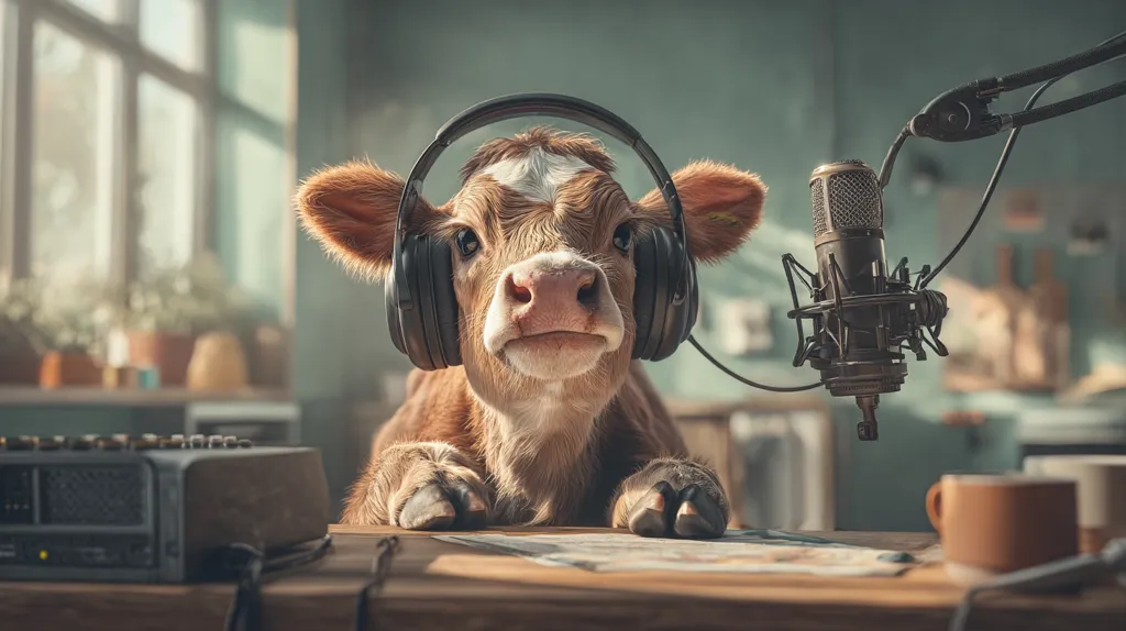 A charming brown calf sits at a wooden desk, wearing large over-ear headphones.  A professional microphone is positioned nearby, suggesting a recording studio setting. The calf gazes directly at the viewer with a calm expression.  The background is blurred, showing a sunlit window and elements of a cozy room.  The overall scene is whimsical and humorous.