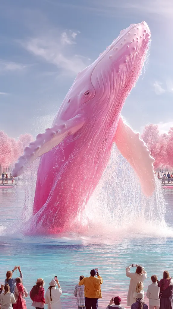 A vibrant pink humpback whale breaches the surface of a tranquil turquoise sea, creating a spectacular splash.  People on the shore, captivated by the surreal sight, capture the moment with their phones.  Pink cherry blossom trees line the background, adding to the whimsical, dreamlike atmosphere of the scene.