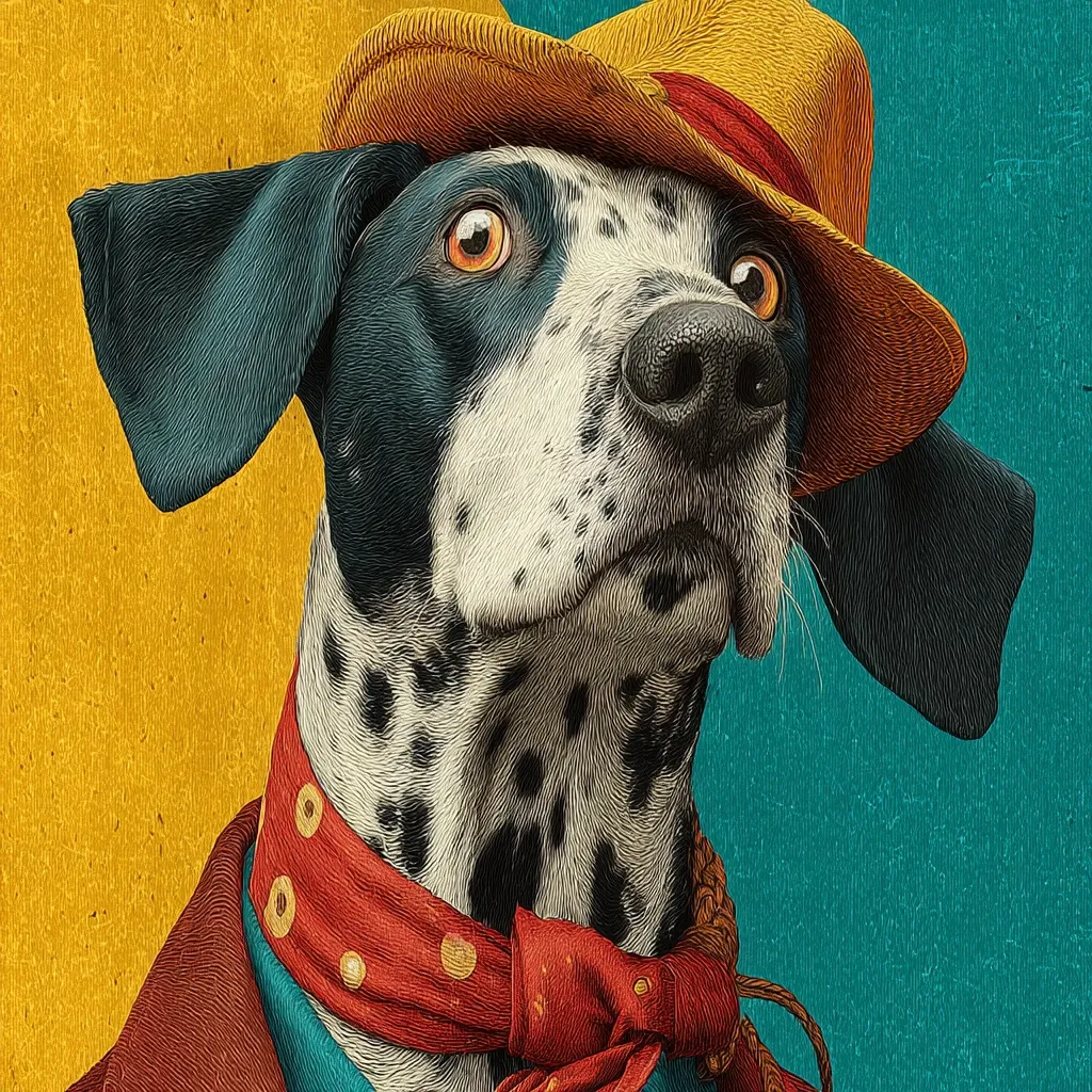A Dalmatian dog, with large expressive eyes, is depicted wearing a stylish mustard-yellow hat and a red bandana with orange polka dots. The dog's coat is meticulously detailed, and it appears to be wearing a brown jacket. The background features a contrasting blend of golden yellow and teal, adding to the artistic composition.  The overall style is reminiscent of vintage portraiture.