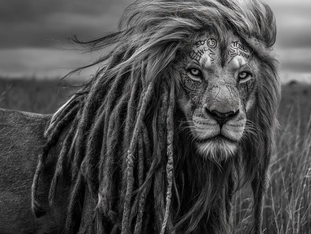 A majestic lion, rendered in monochrome, possesses an extraordinary mane styled into long, flowing dreadlocks.  Intricate markings adorn its forehead, adding to its mystical aura. The lion's serious gaze and windswept mane create a powerful and captivating image, set against a blurred background of tall grass under a dramatic sky.