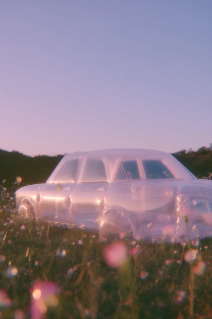 A translucent, seemingly plastic car sits in a field of wildflowers under a soft, pastel sunset.  The car's form is visible but distorted, giving it an ethereal, dreamlike quality. The overall scene is calm and evokes a sense of surreal beauty.  The soft focus and color palette enhance the dreamy atmosphere.