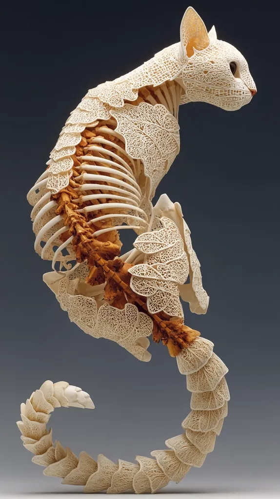 A meticulously carved sculpture of a cat, its skeletal structure intricately overlaid with delicate, lace-like patterns.  The artwork showcases a stunning blend of anatomical accuracy and artistic detail.  The creamy off-white material, possibly bone or ivory, contributes to the piece's ethereal quality. The cat's curled tail completes the elegant, almost surreal form.
