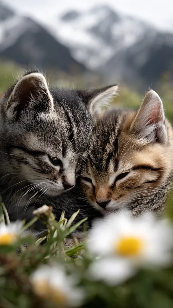 Two adorable tabby kittens cuddle closely together amidst a field of daisies, a majestic mountain range softly blurred in the background.  The kittens' eyes are closed, suggesting peaceful slumber. The overall scene evokes a sense of tranquility and the beauty of nature.