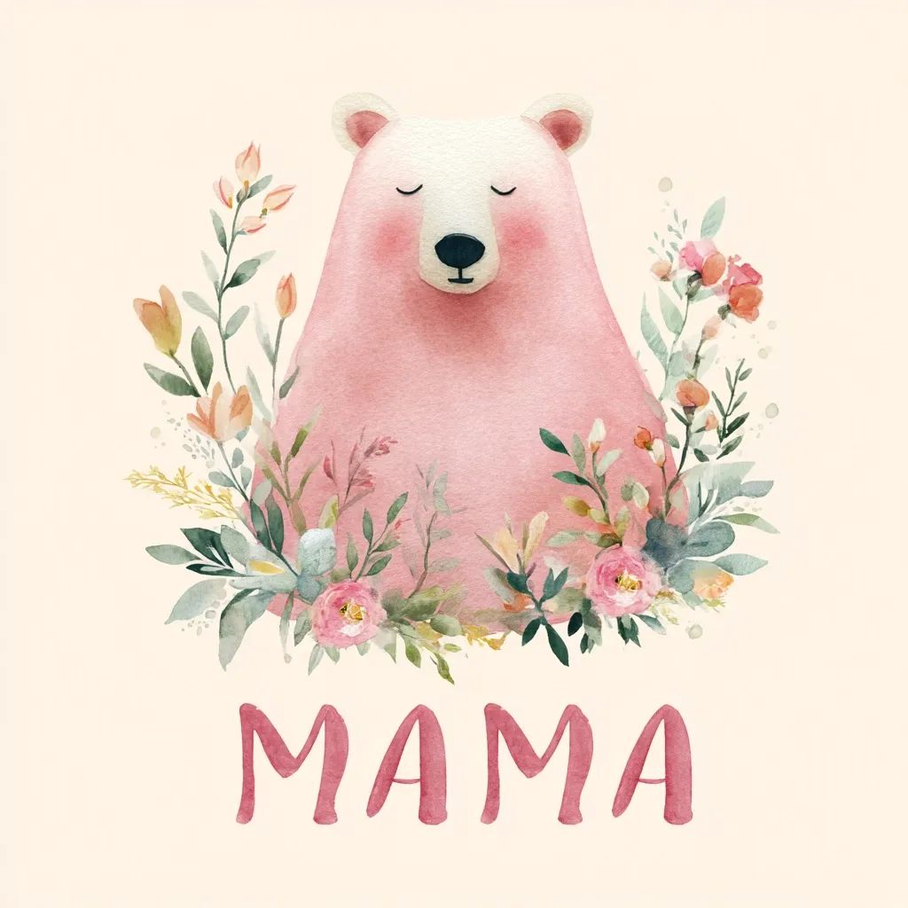A watercolor illustration features a pink polar bear surrounded by delicate blush-toned flowers and greenery.  The bear is depicted serenely, eyes closed.  Below the floral arrangement, the word "MAMA" is written in a matching pink script font. The overall style is soft, gentle, and ideal for Mother's Day or as a sweet illustration for a child's room.