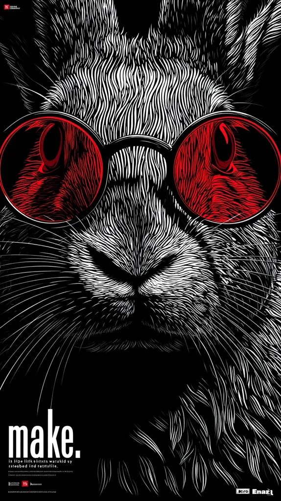 A close-up illustration of a rabbit's face, rendered in stark black and white linework, dominates the poster.  The rabbit sports oversized, bright red circular sunglasses. The word "make." is prominently displayed below the image, accompanied by small text in a different language. The overall style is graphic and bold.