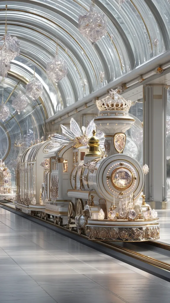 A magnificent, ornate train, adorned with crystal accents and gold detailing, sits in a pristine, arched station. The train's design is opulent and fantastical, resembling a royal carriage.  The station's architecture complements the train's grandeur with its elegant, light-filled design and crystal chandeliers hanging from the vaulted ceiling. The overall aesthetic is one of luxurious fantasy.
