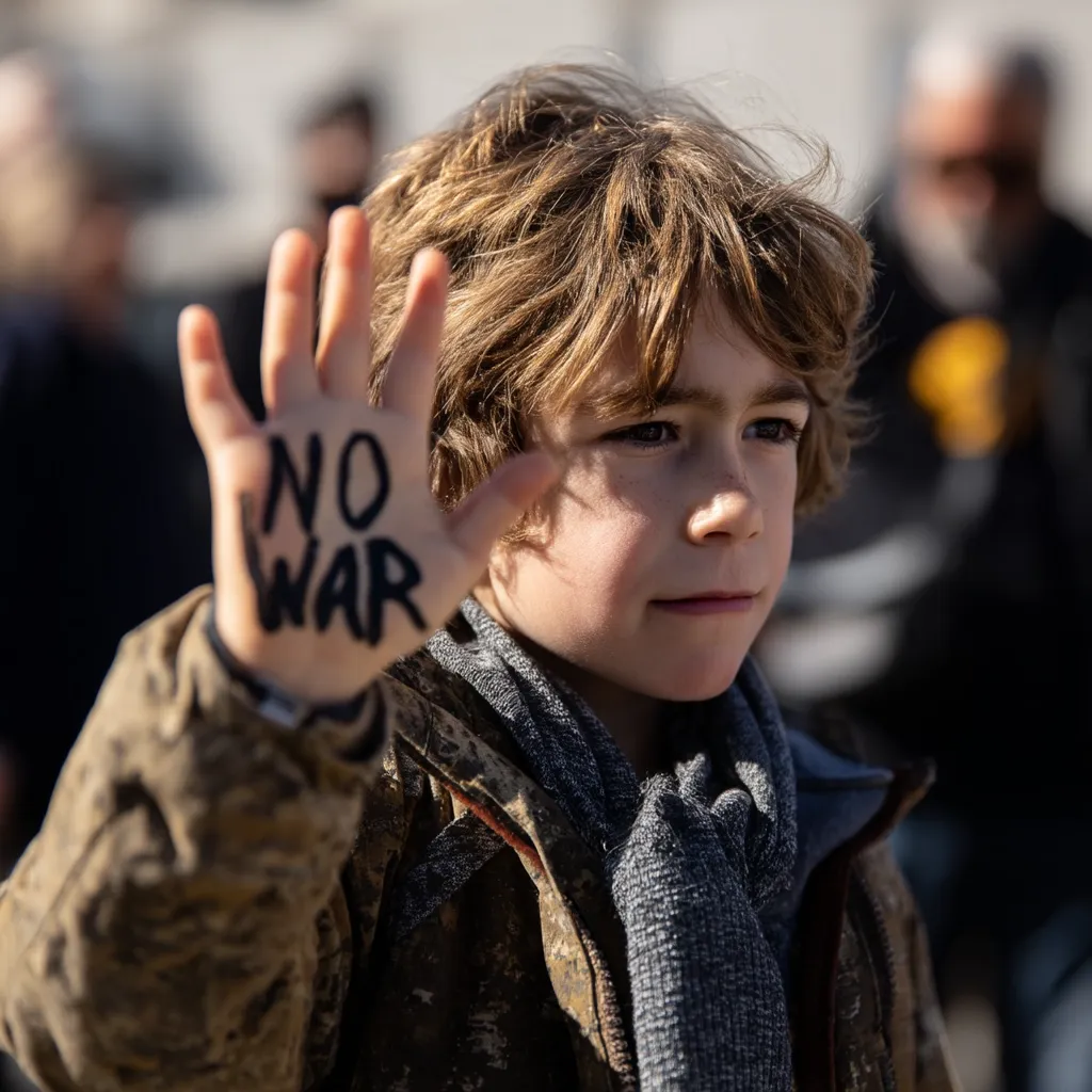 A young boy with curly brown hair holds up his hand, palm outward, with "NO WAR" written on it in black marker. He wears a camouflage-patterned jacket and a gray scarf.  The image suggests a child participating in an anti-war protest, conveying a powerful message of peace. The background is blurred, focusing attention on the boy's poignant gesture.