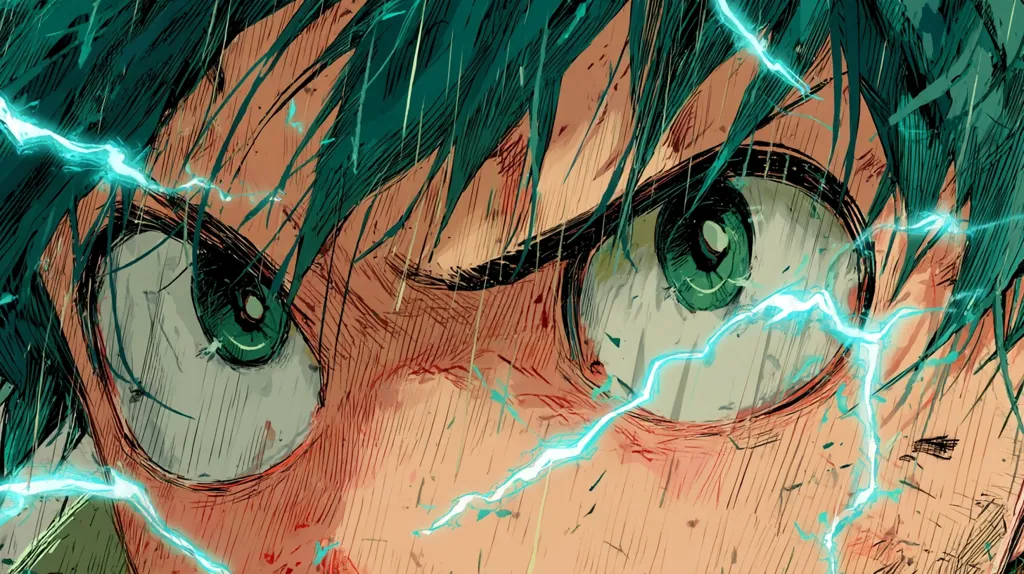 A close-up illustration depicts a character's intense, focused gaze.  Their vibrant green eyes are accentuated by teal lightning streaks across their face, suggesting an exertion of power.  The style is reminiscent of manga or anime, with visible brushstrokes and a dynamic composition.  Rain or sweat seems to fall across their face, heightening the feeling of exertion and drama.