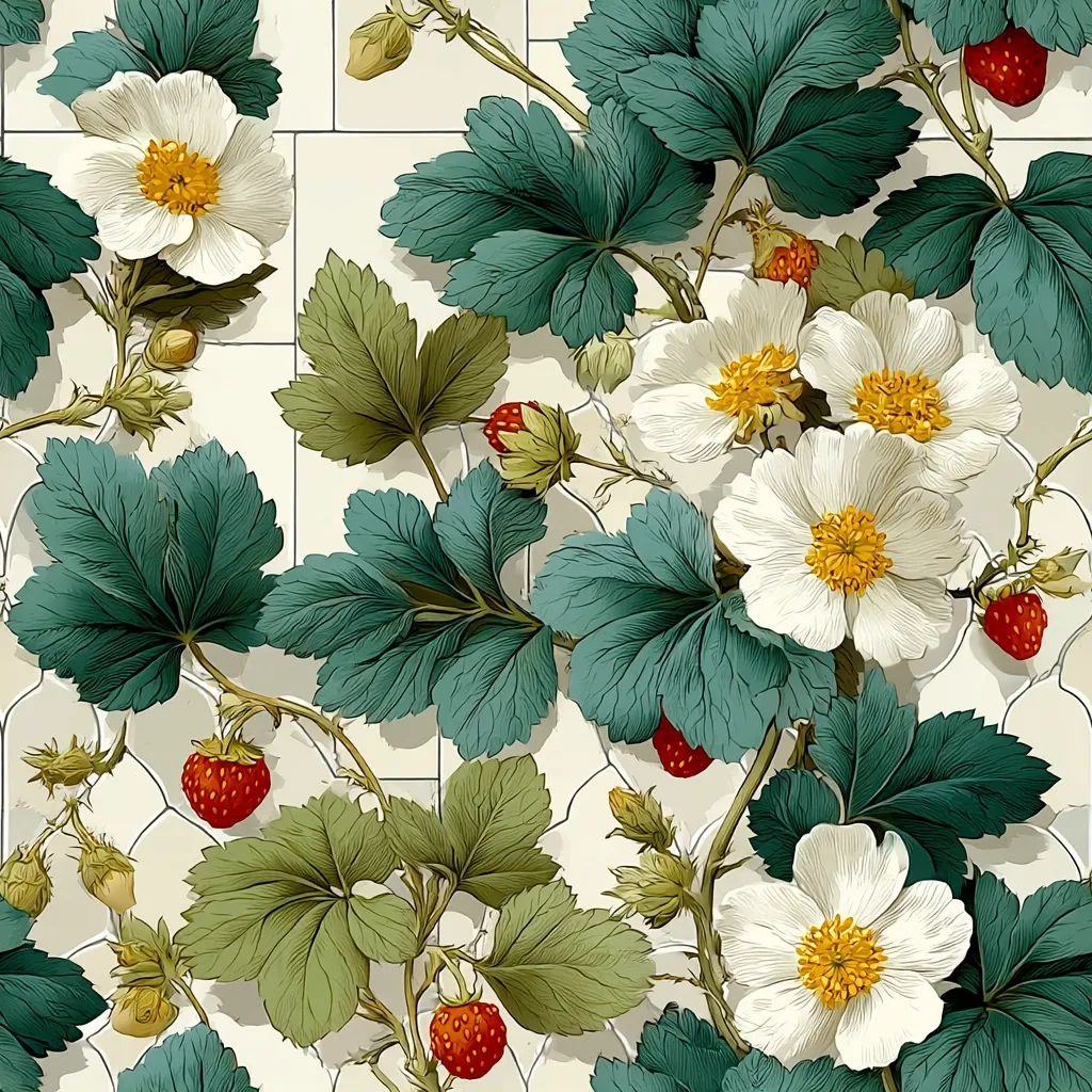 A seamless pattern showcases a lush arrangement of strawberry plants.  Large, delicate white flowers with yellow centers bloom amidst vibrant green foliage.  Ripe red strawberries punctuate the design, nestled amongst the leaves and blossoms. The background is a subtle off-white, resembling tiled flooring, enhancing the botanical illustration's overall aesthetic.