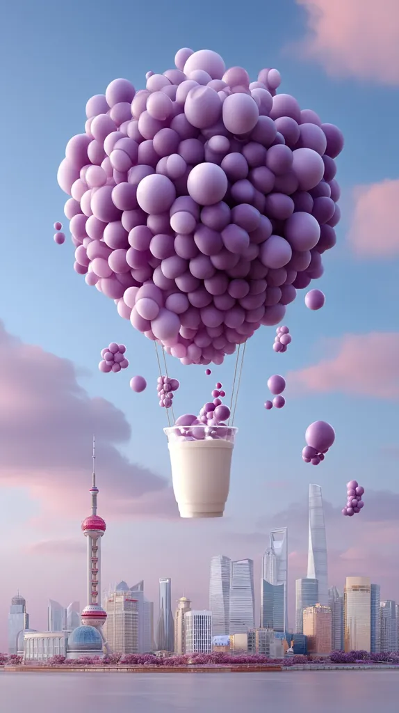 A whimsical hot air balloon crafted from numerous purple spheres floats above a cityscape.  The balloon is tethered to a cup filled with a creamy substance, suggesting a dreamy, surreal scene. The backdrop features the Shanghai skyline at dawn, creating a striking contrast between fantasy and reality.  Smaller purple spheres drift around the balloon, adding to the ethereal atmosphere.