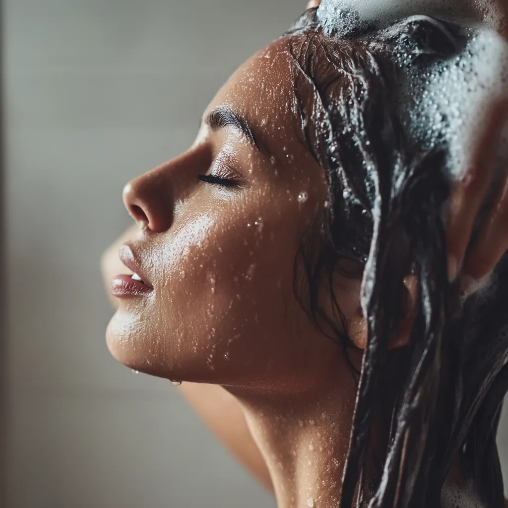Close-up profile of a woman washing her hair in the shower.  Her eyes are closed, and her face and neck are glistening with water droplets and shampoo suds.  The image focuses on her relaxed expression and the texture of her wet hair.  The overall mood is serene and intimate.
