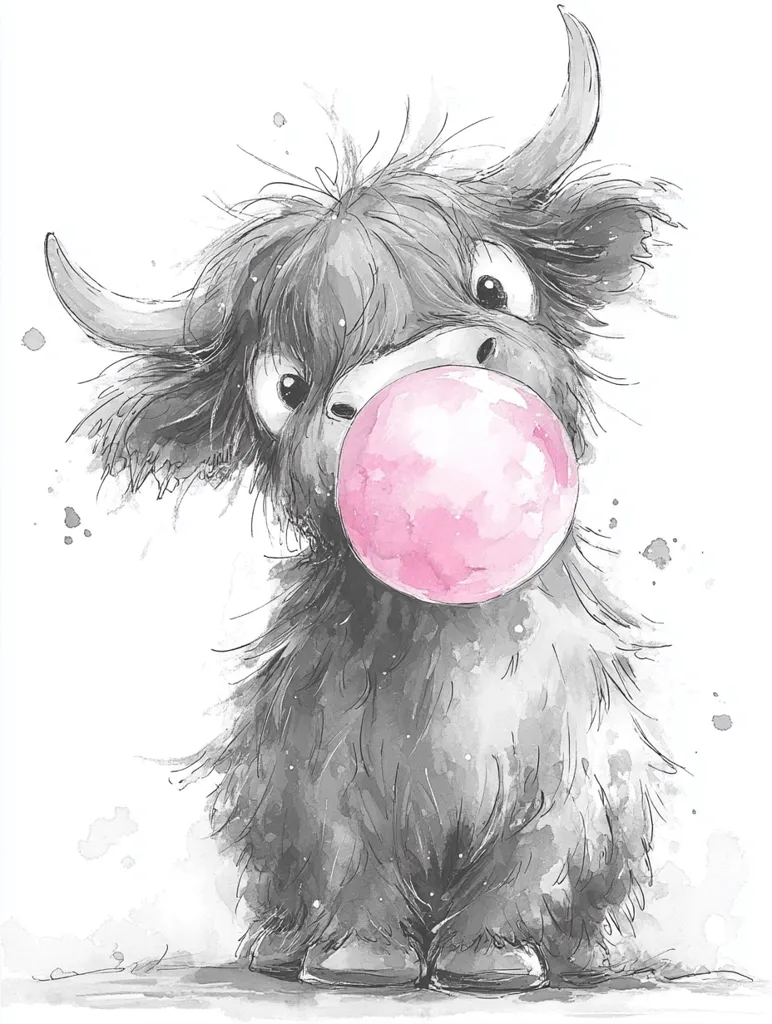 A charming watercolor illustration depicts a Highland cow, rendered in shades of gray, playfully blowing a large, pink bubble gum bubble.  Its fluffy coat and expressive eyes give it a cute and whimsical appearance. The background is subtly textured with watercolor washes, enhancing the overall artistic style.  The image is simple yet captivating, ideal for children's books or decorative prints.