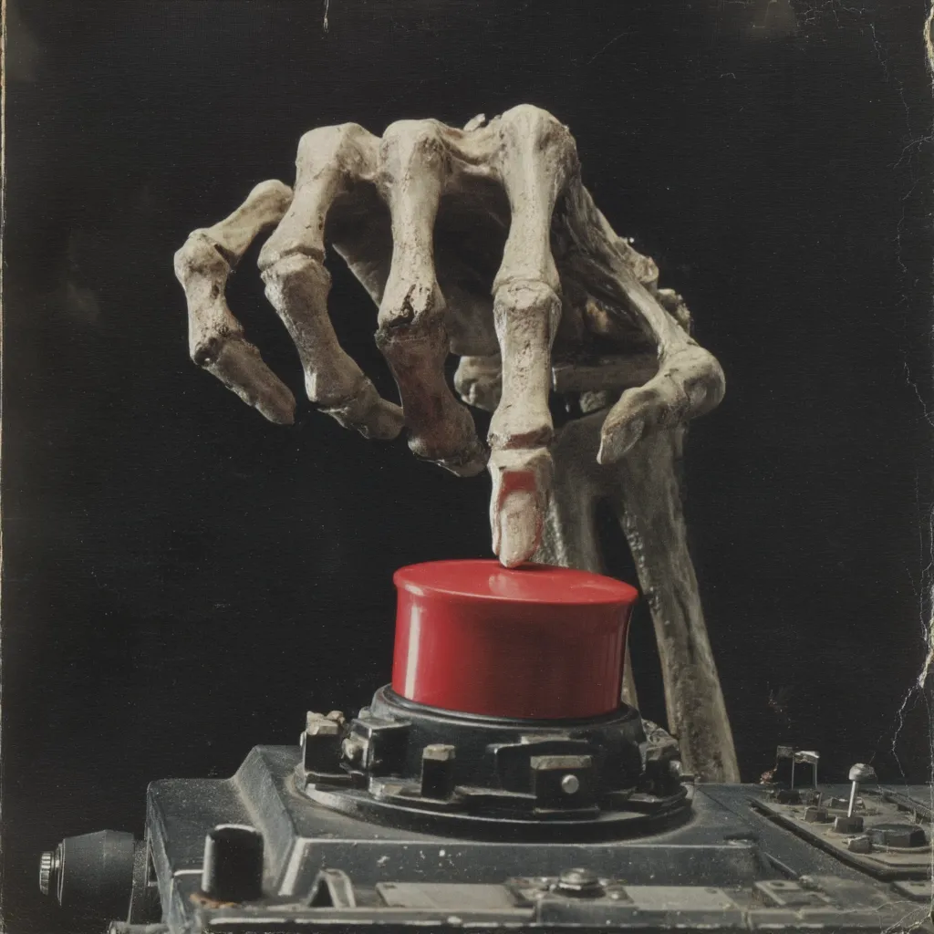 A skeletal hand, seemingly detached from its body, hovers over a large, red button mounted on a dark, metallic console. The scene is dark and ominous, creating a sense of impending doom or a macabre event about to unfold.  The skeletal finger is poised just above the button, suggesting an imminent action with potentially catastrophic consequences.  The overall image evokes a feeling of dread and mystery.