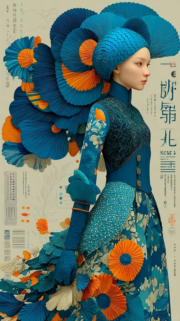 A stylized female figure is depicted in a vibrant teal and orange ensemble.  Her elaborate headpiece and gown are adorned with intricately folded, flower-like designs, creating a sense of texture and movement. The color palette is bold and striking, contrasting the cool teal with the warm orange accents. The overall style suggests a blend of traditional and modern aesthetics, with a hint of fantasy.  The background features muted tones and subtle sketches, adding depth to the composition.