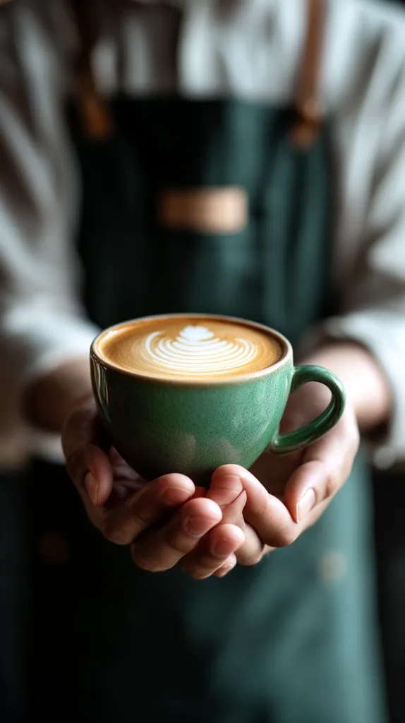 Two hands gently cradle a teal mug filled with a latte.  The latte art is a delicate, swirling design. The person's apron and attire suggest a barista in a coffee shop setting.  The image focuses on the warmth and care in presenting the expertly crafted coffee.
