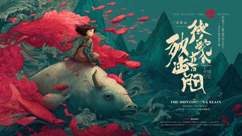 A stylized poster depicts a young person riding a large, light-colored sea creature amidst swirling red waves and numerous fish. The scene is set against a backdrop of teal mountains and turbulent water.  The title, "The Montimuana Seain," is prominently displayed, along with other text in both English and Asian script. The overall style is reminiscent of fantasy illustration, blending realism with imaginative elements.