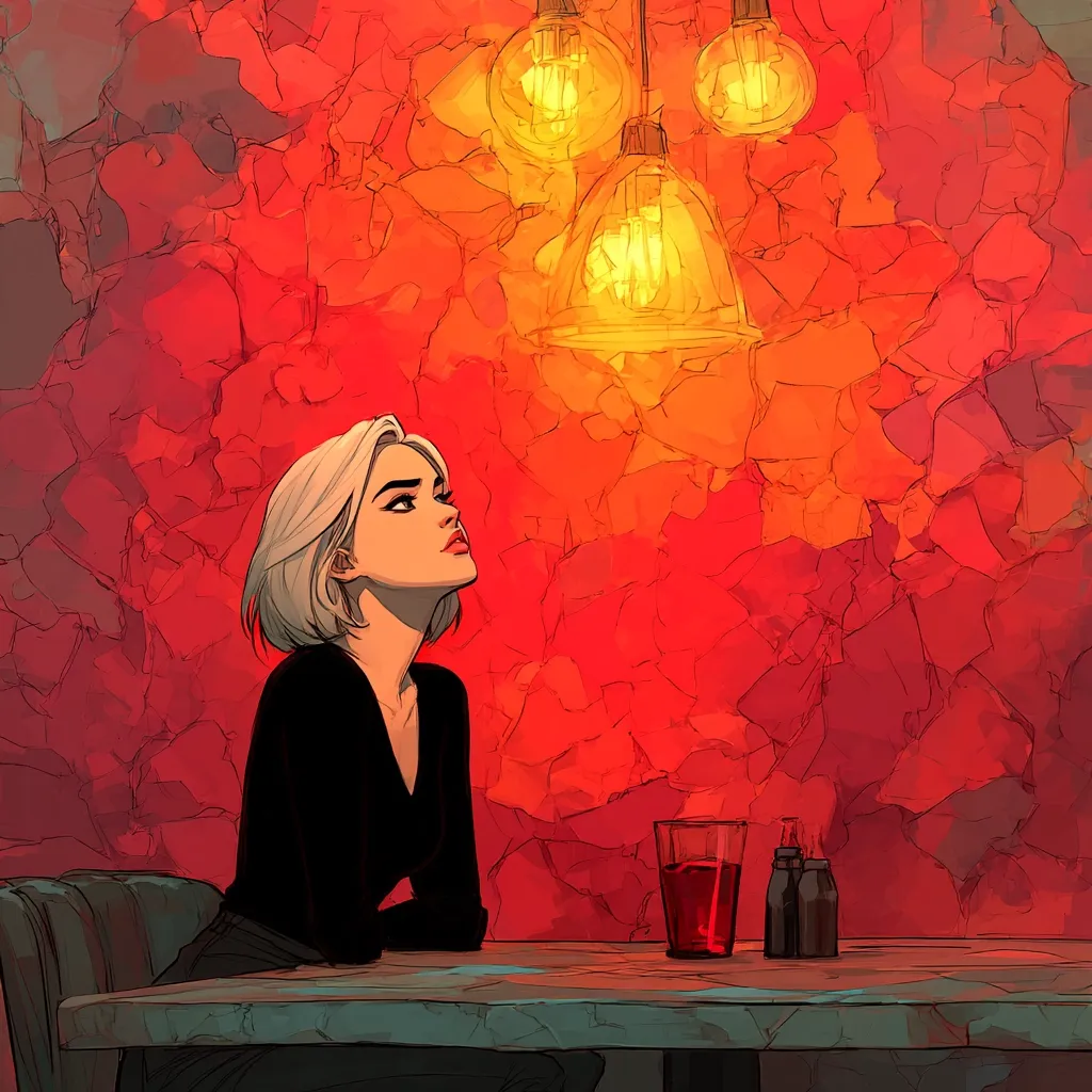A stylized illustration depicts a young woman with short, white hair, seated at a table in a dimly lit setting. She's dressed in black, gazing upward at three glowing pendant lights against a vibrant, textured red wall.  A glass of red liquid and small dark bottles sit on the table. The overall mood is contemplative and atmospheric.