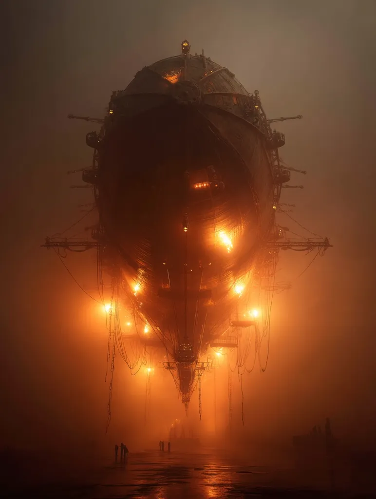 A colossal, steampunk-inspired airship dominates a hazy, orange-tinged landscape.  Its intricate structure is illuminated by numerous warm lights, casting an eerie glow on the surrounding fog.  Silhouetted figures are barely visible in the distance, dwarfed by the immense vessel's presence, creating a scene of mystery and scale. The overall atmosphere is one of ominous beauty and technological marvel.
