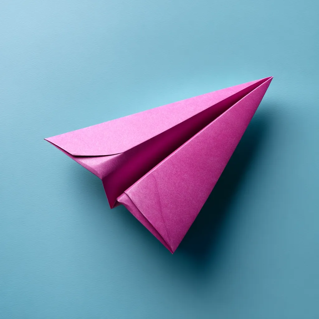 A vibrant pink paper airplane is captured in flight against a serene light blue backdrop.  The origami craft is sharply folded, exhibiting a clean, precise construction. The image suggests themes of childhood, imagination, and simple pleasures.  The contrast between the paper airplane and the background creates a visually appealing composition.