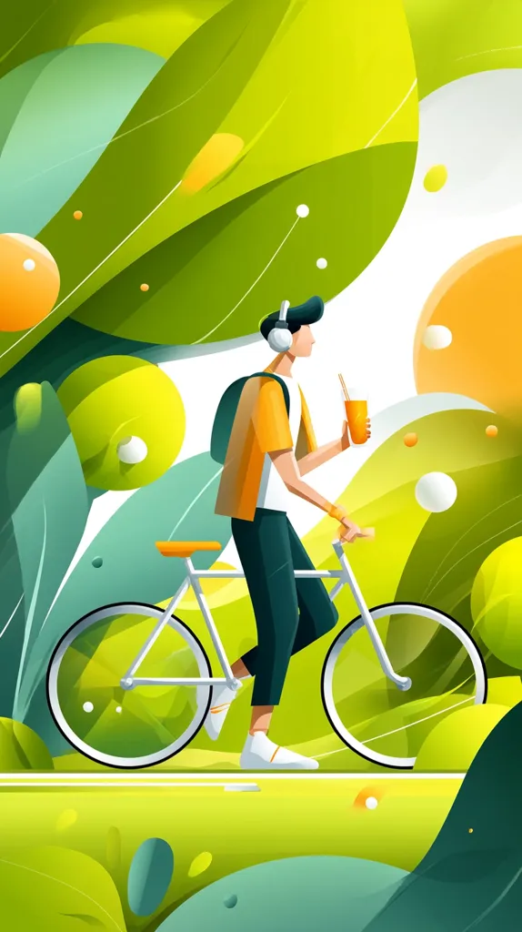 A stylized illustration depicts a person riding a bicycle through a vibrant green landscape.  They wear headphones and carry a backpack, holding a drink.  The scene is bright and cheerful, with abstract green leaves forming the background. The overall style is modern and graphic, emphasizing bold colors and shapes.