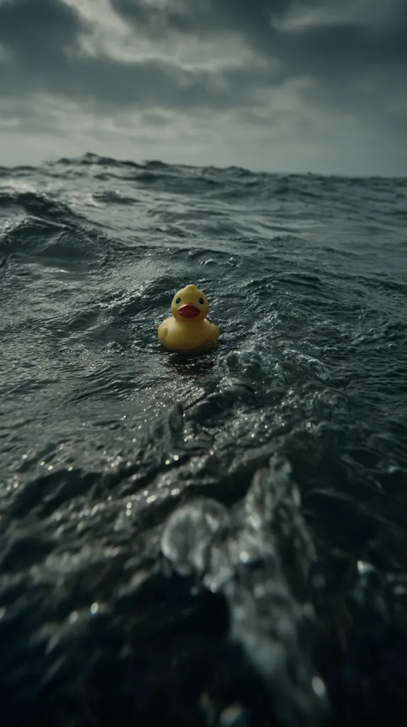 A lone yellow rubber duck floats on a dark, turbulent sea under a stormy sky.  The waves are choppy, and the overall mood is somber and slightly ominous. The contrast between the bright yellow duck and the dark, menacing ocean creates a striking visual. The image evokes a sense of vulnerability and the vastness of nature.