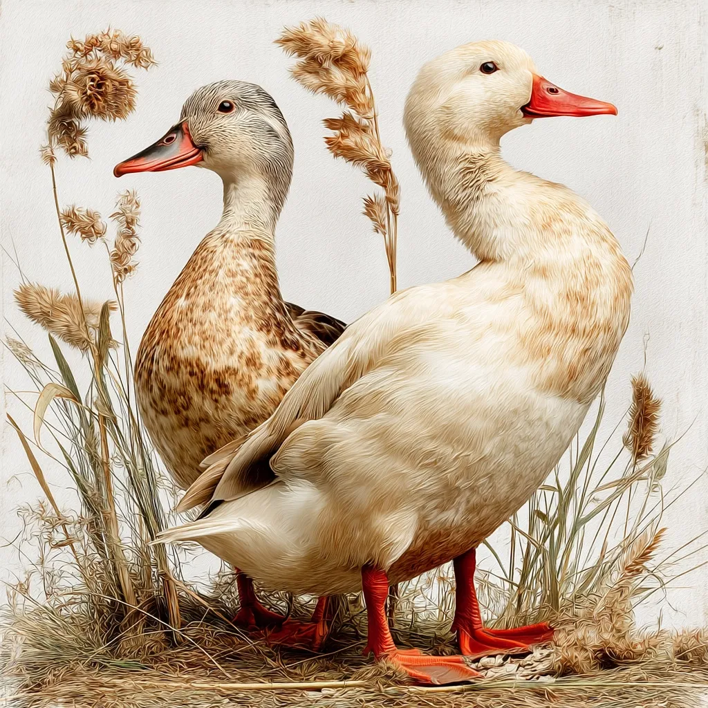 A detailed artistic rendering showcases two ducks amidst tall grasses.  One duck exhibits a predominantly light beige plumage, while the other displays a mottled brown and beige pattern.  Both ducks possess bright orange legs and beaks. The background is a muted, textured off-white, enhancing the ducks' soft, almost painted appearance. The overall style suggests a vintage or antique print.